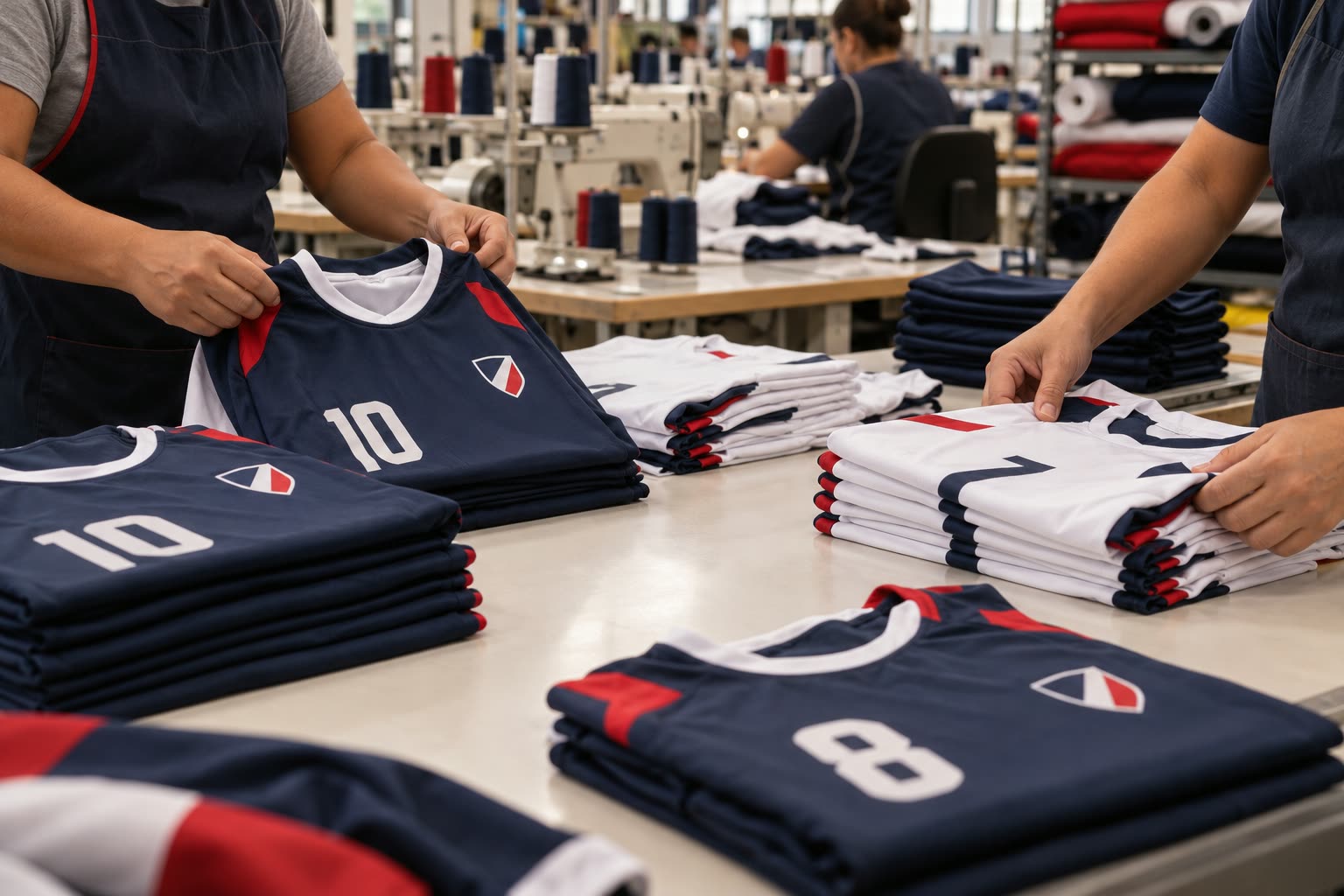 Uniformes esportivos personalizados sendo revisados na fábrica